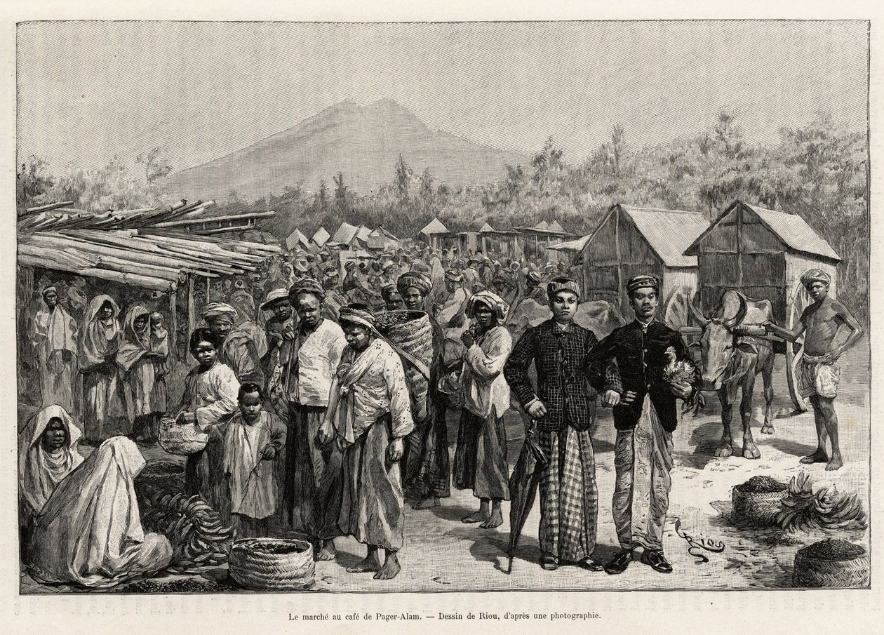 Der Spaziergang im Pager Alam Café (Malaysia). Gravur von Riou zur Illustration der Geschichte 