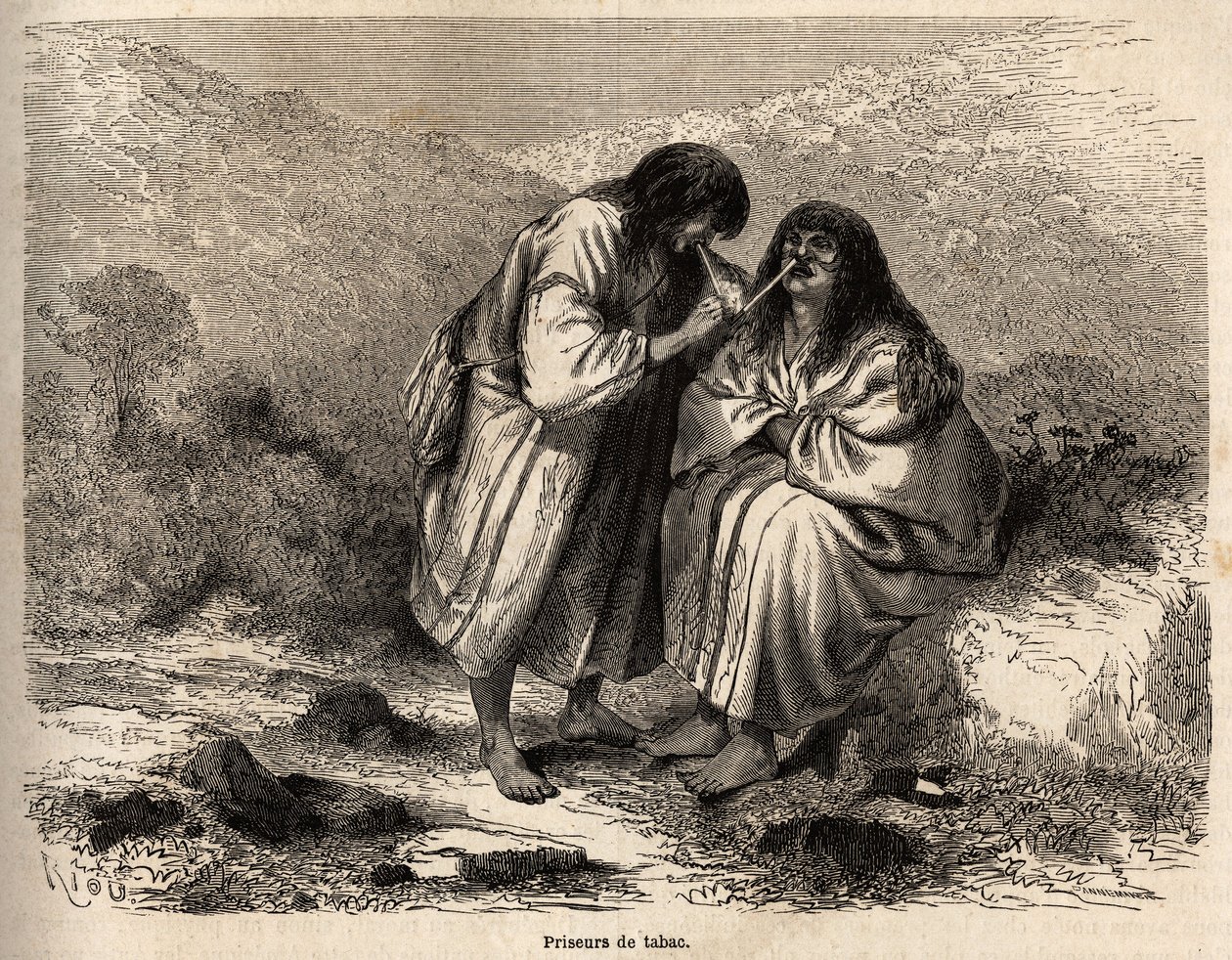 Tabakauktionatoren, geschminkt nach der Tradition des Stammes der Antis (Peru), Zeichnung von Riou, zur Illustration der Reise von Paul Marcoy vom Pazifischen Ozean zum Atlantischen Ozean von 1848 bis 1860. Gravur in „Le tour du monde“, herausgegeben von E von Edouard Riou