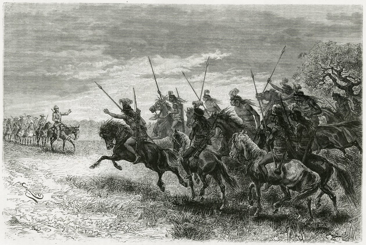 Tobas-Indianer (aus der Chaco-Region, zwischen Paraguay und Bolivien) weigern sich, zur Kolonne der Thouar-Expedition zu gehen. Gravur von Riou, zur Illustration der Geschichte „Auf der Suche nach den Überresten der Crevaux-Mission“, 1884, von A. Thouar. von Edouard Riou