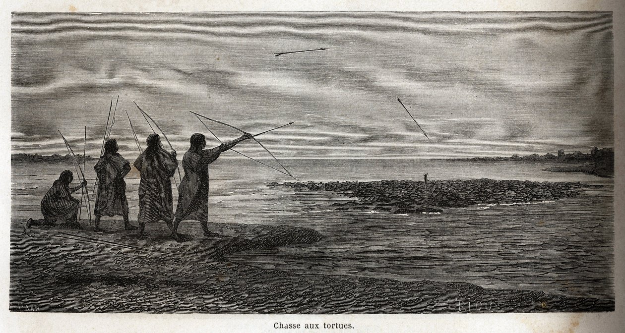 Schildkrötenjagd unter den Conibo-Indianern von Peru. Zeichnung von Riou zur Illustration der Reise von 1848 bis 1860 von P. Marcoy vom Pazifik zum Atlantik. Gravur in „Le tour du monde“, herausgegeben von Edouard Charton von Edouard Riou