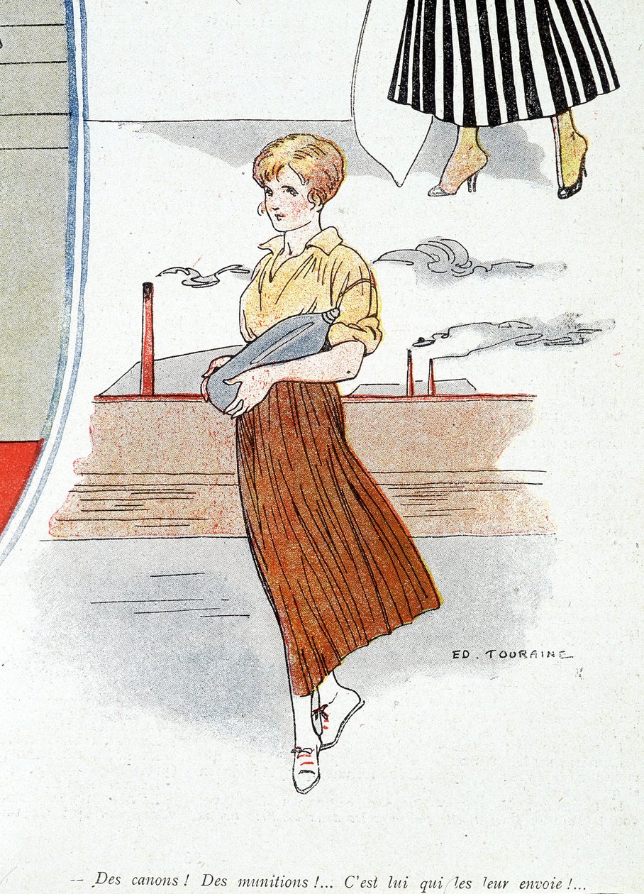 Frau stellt Munition für den Krieg 1914-1918 her. „Lastwagen! Munition! Er schickt sie!“ In „Bayonet“, am 25.11.1915 von Edouard Touraine
