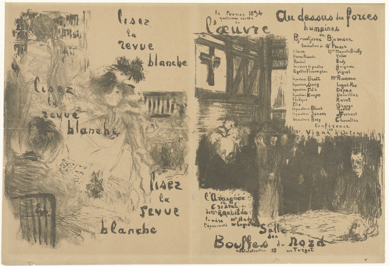 Umschlag Programmheft mit Werbung für La Revue Blanche und Ankündigung des Theaterstücks Au-dessus des forces humaines von Edouard Vuillard