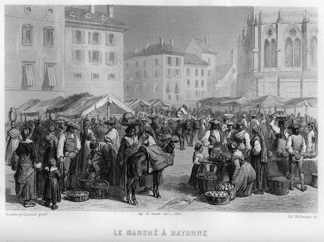 Markt in Bayonne, Pyrénées-Atlantiques, Aquitaine, Frankreich. Gravur von Willmann in „La France ancienne et moderne“ von Jean-Bernard Mary-Lafon von Edouard Willmann