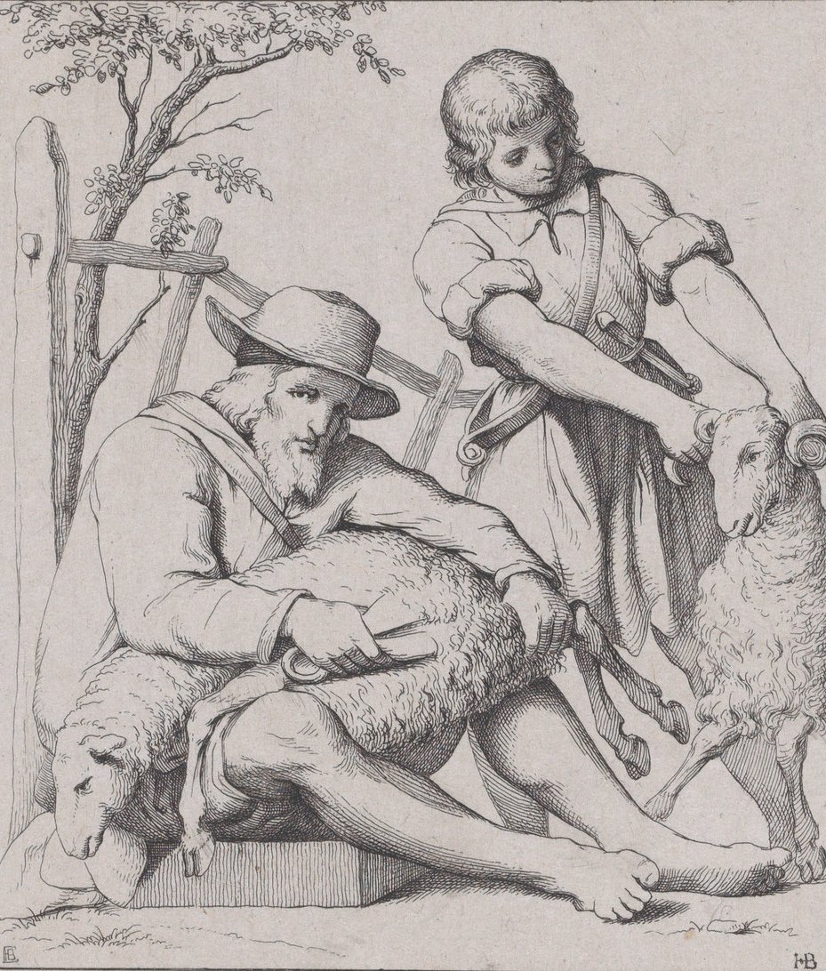 Zwei Männer beim Schafscheren, ca. 1842 von Eduard Julius Friedrich Bendemann
