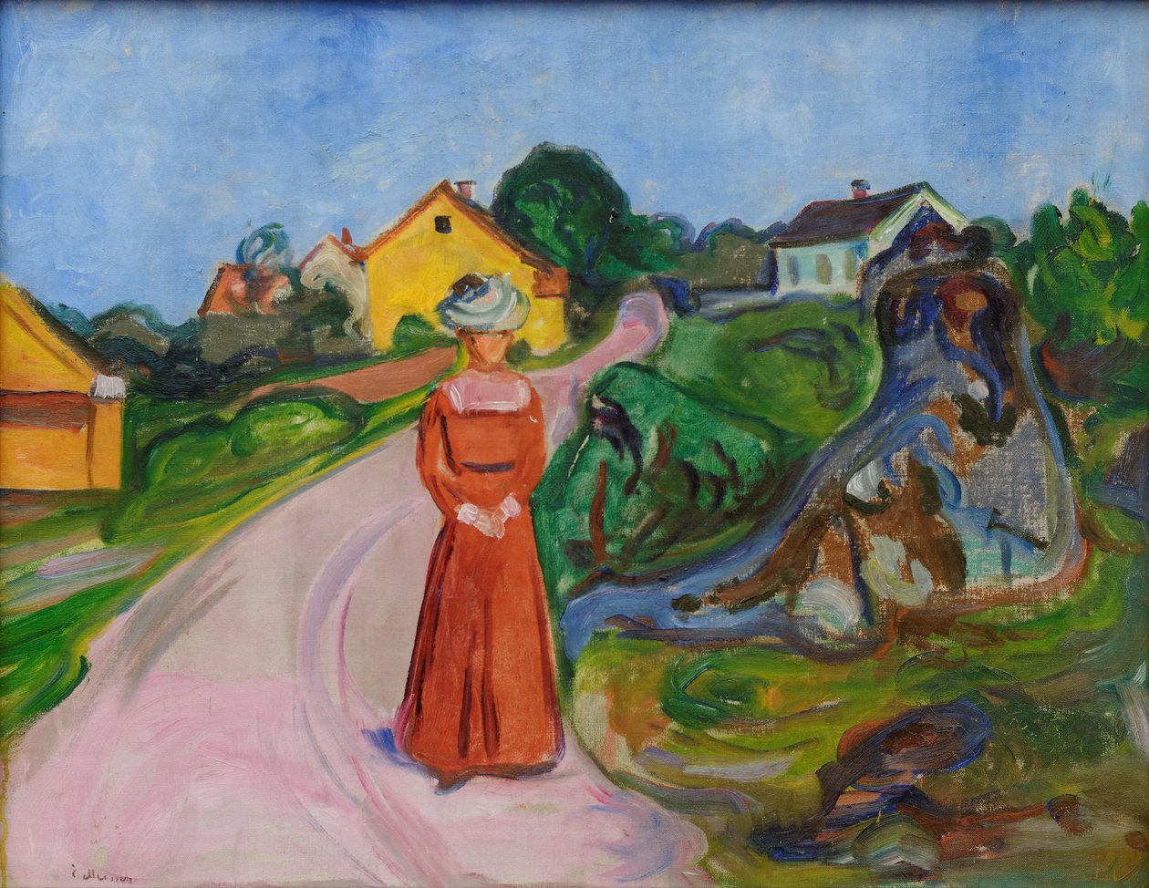 Straße in Åsgårdstrand und eine Frau im roten Kleid von Edvard Munch