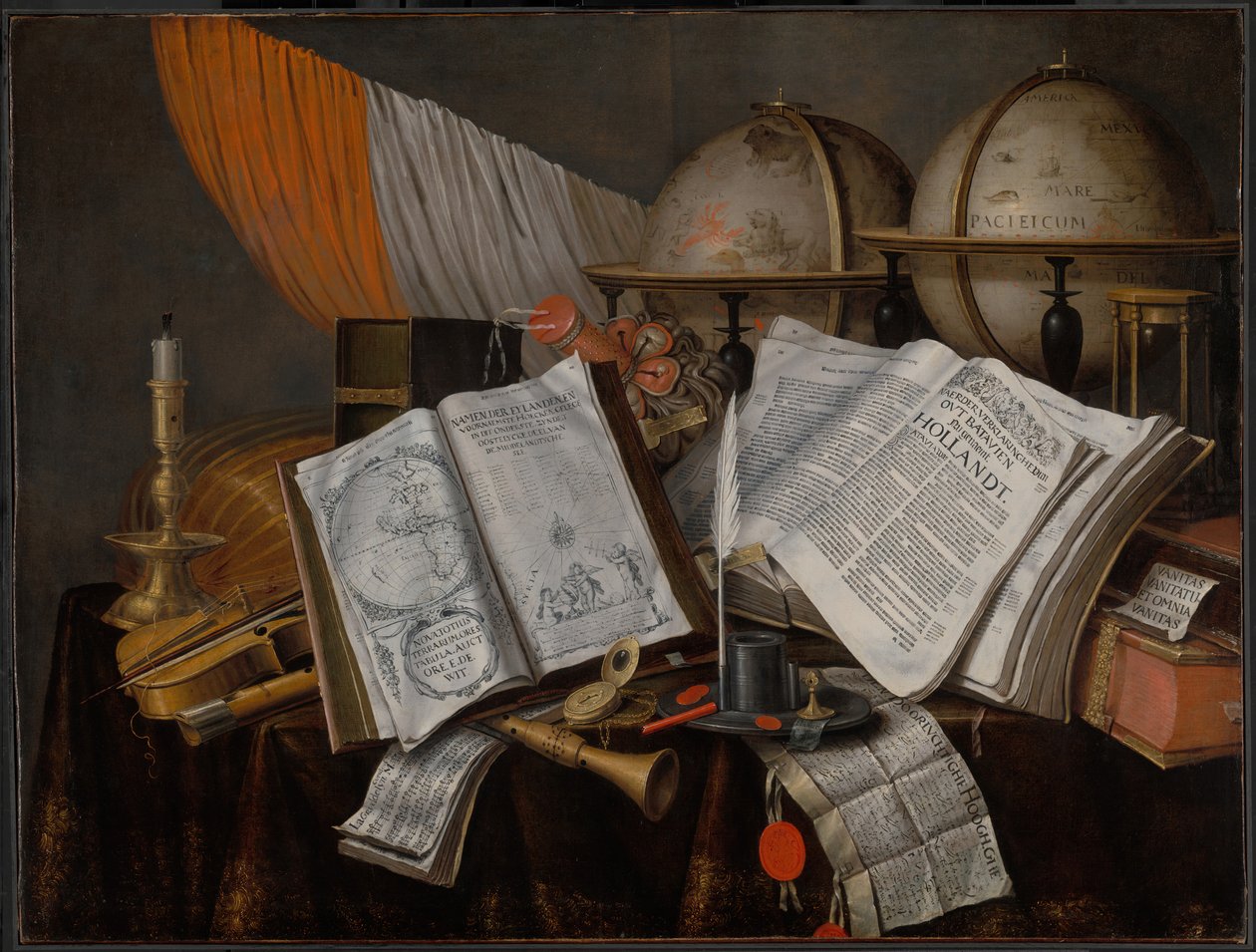 Vanitas-Stillleben mit einer Flagge, Kerzenhalter, Musikinstrumenten, Büchern, Schreibutensilien... von Edwaert Collier