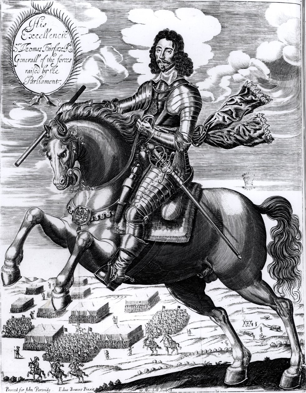 Reiterporträt seiner Exzellenz Sir Thomas Fairfax (1617-71), 3. Baron, graviert von William Marshall (fl. 1617-49) von Edward Bower