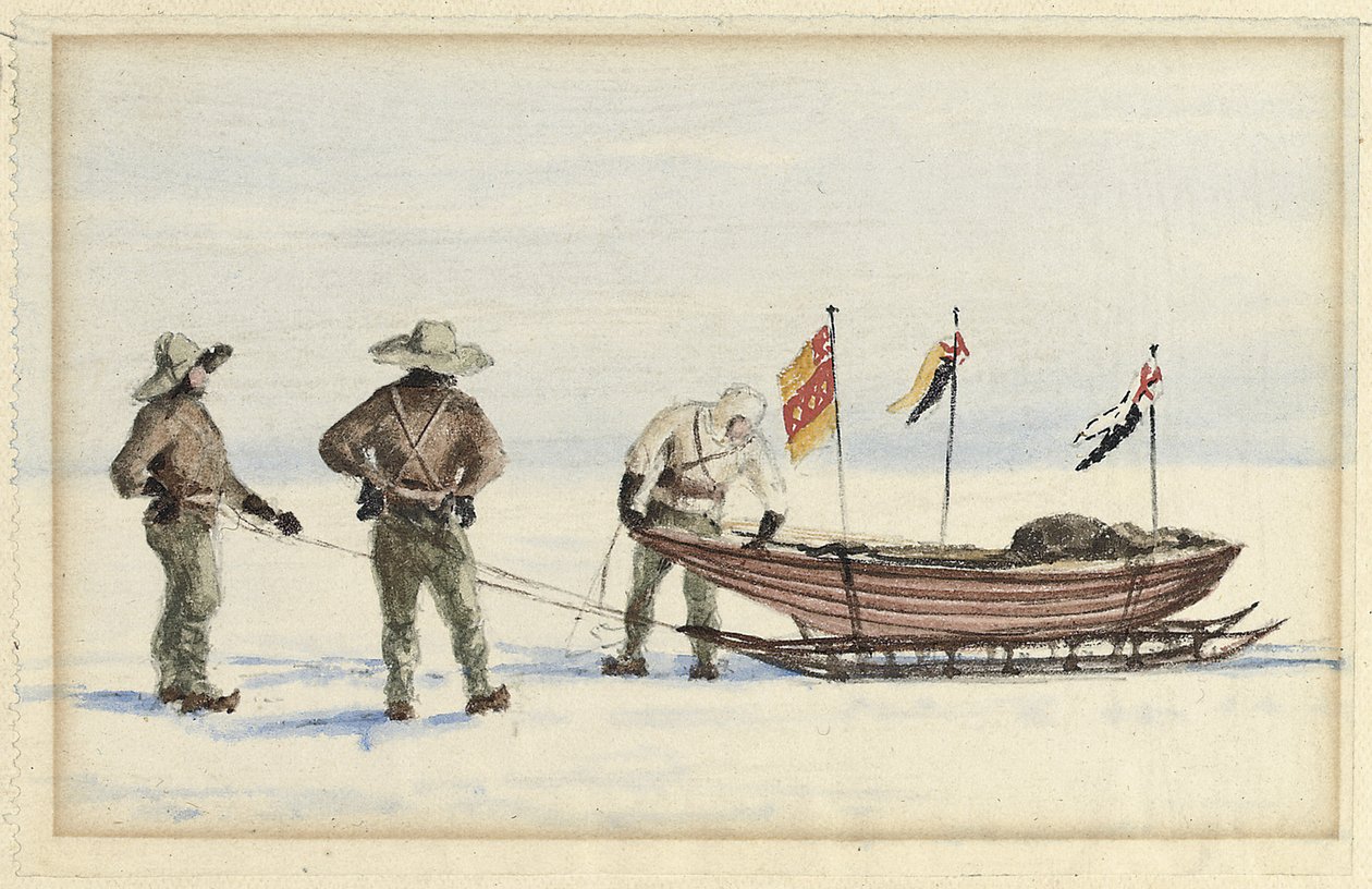 Die Schlittenparty zur White Island, Februar 1902: Shackleton, Wilson und Ferrar bereiten sich vor, 1902 von Edward Adrian Wilson