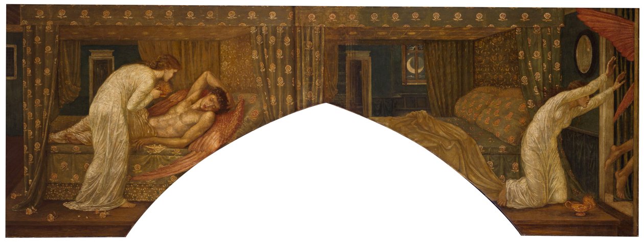 Cupid und Psyche - Palace Green Murals - Psyche hält die Lampe und blickt auf das Gesicht des schlafenden Cupids und Psyche verlassen, 1881 von Edward Burne Jones