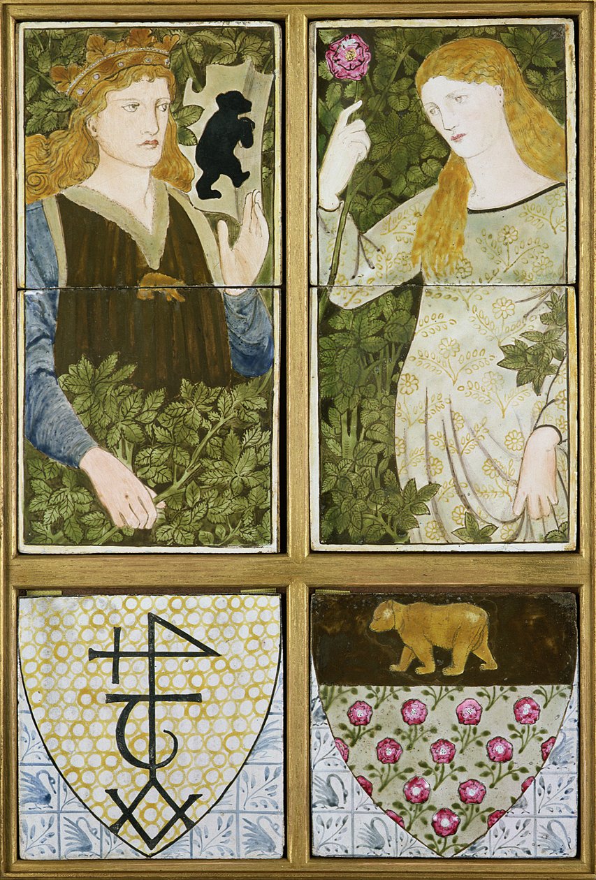König Artus und Königin Guinevere, Sechsteilige Fliesenplatte hergestellt von Morris, Marshall, Faulkner & Co. von Edward Burne Jones