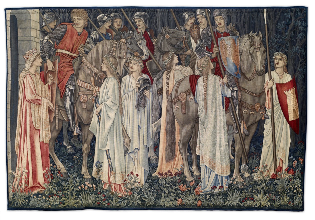 Die Bewaffnung und Abreise der Ritter, Wandteppich entworfen vom Künstler und gewebt von Morris & Co., 1895-96 von Edward Burne Jones