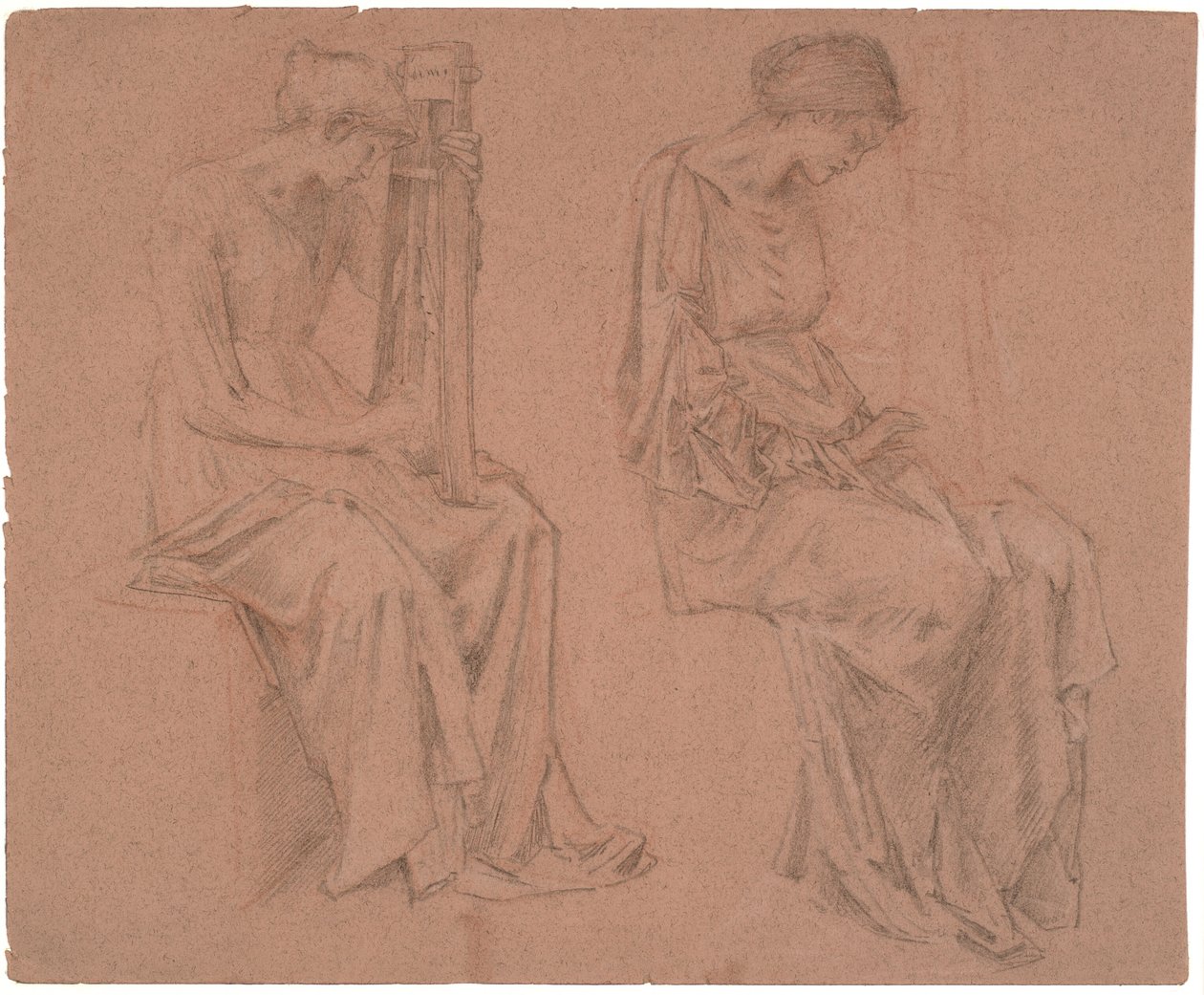 Zwei Studien eines sitzenden Mädchens, das eine Zither spielt von Edward Coley Burne Jones