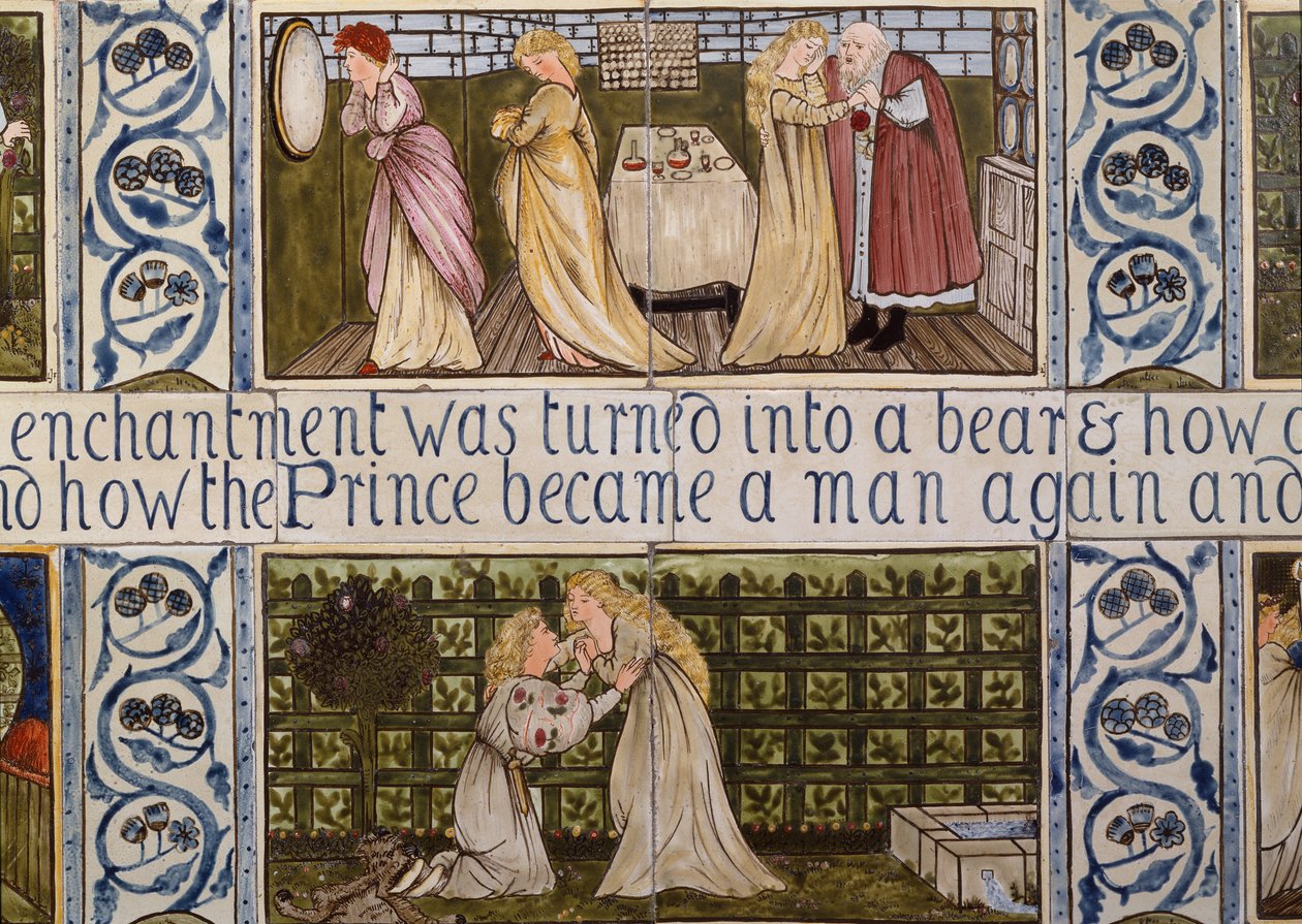 Fliesenpaneel, das die Geschichte von Die Schöne und das Biest aus Birket Fosters Haus in Witley, Surrey, um 1862 darstellt von Edward Coley & Morris William (1834-96) Burne-Jones
