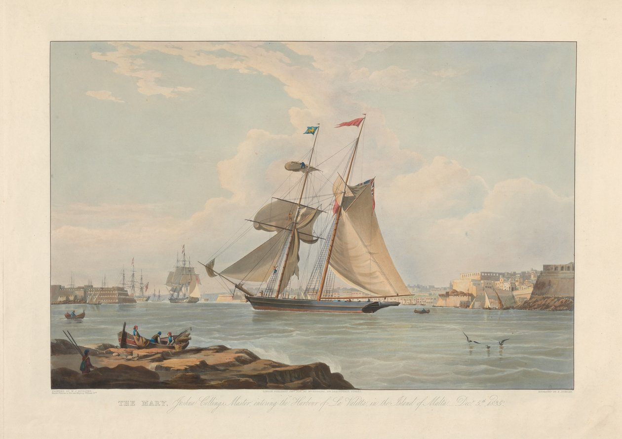 Die Mary, Joshua Collings, Kapitän, Einfahrt in den Hafen von La Valletta, auf der Insel Malta, 5. Dez. 1835 von Edward Duncan