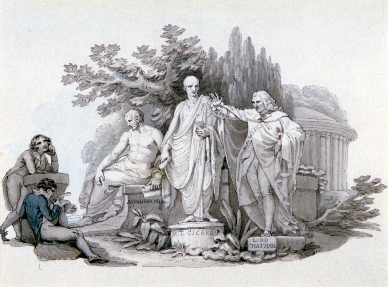 Zwei Jugendliche betrachten Statuen von Demosthenes, Cicero und Pitt von Edward Francis Burney
