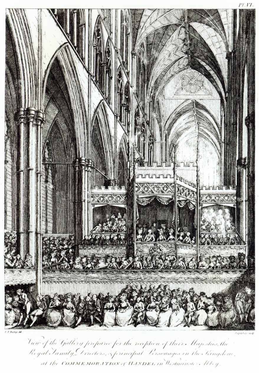 Ansicht der Galerie, vorbereitet für den Empfang Ihrer Majestäten der königlichen Familie, Direktoren und Hauptpersonen des Königreichs bei der Gedenkfeier für Händel in der Westminster Abbey, graviert von Joh von Edward Francis Burney