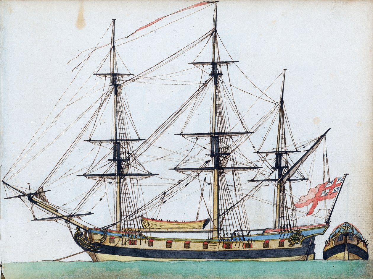 Britisches Schiff mit 20 Kanonen, zeigt Takelage und ein Schiffsboot, und eine separate Ansicht des Hecks, ca. 1780 von Edward Gwyn