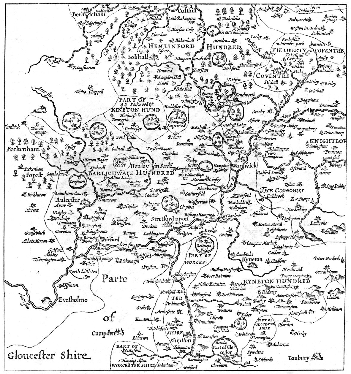Eine Karte von Stratford-upon-Avon und seiner Umgebung, 1610 von Edward Hull