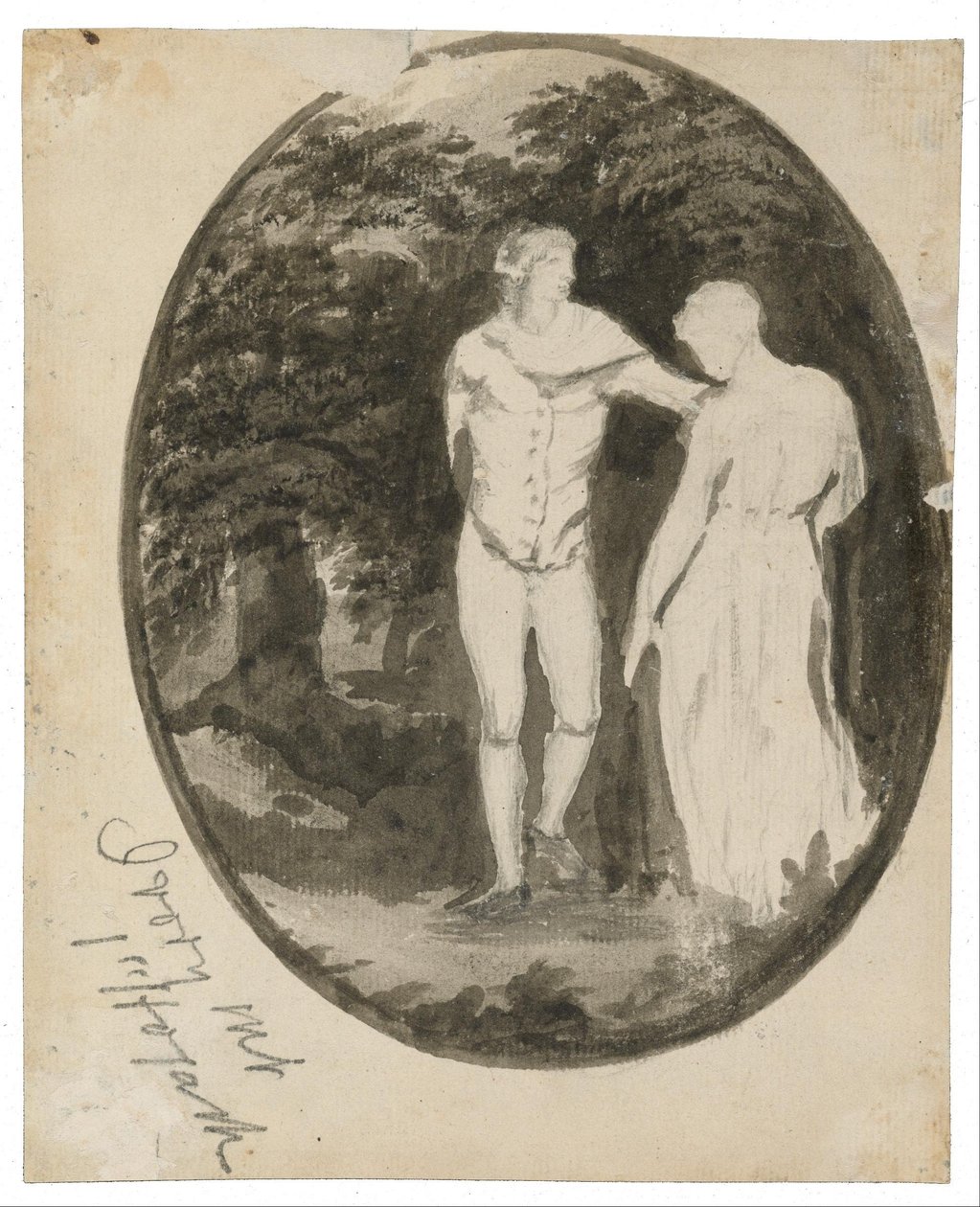 Ein Paar in einer bewaldeten Landschaft in einem Oval von Edward Lear