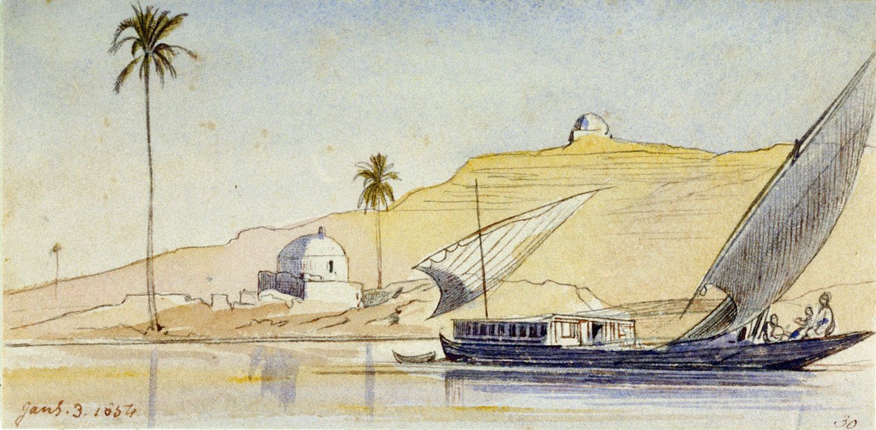 Eine große ägyptische Feluke auf dem Nil (Ägypten), vor den steilen Ufern, mit einer Palme und zwei weißen Marabus, die den Wüstenaspekt der Landschaft betonen von Edward Lear