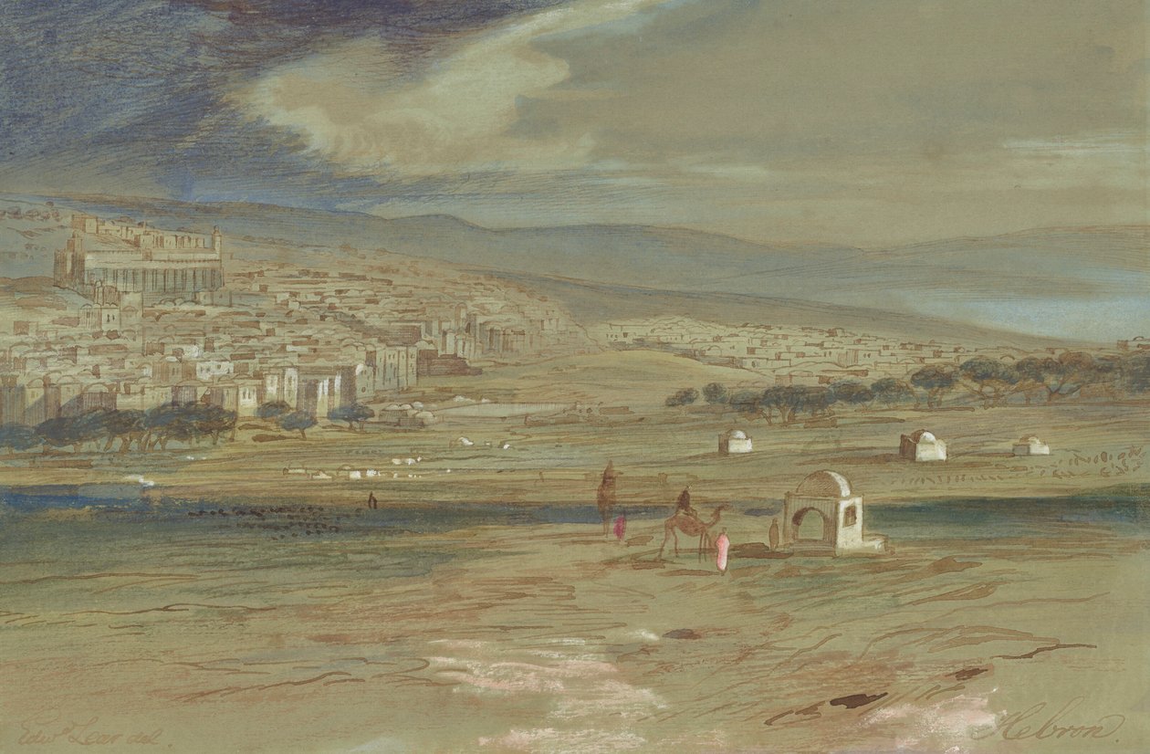 Ein Blick auf die Stadt Hebron mit Kamelen und Figuren im Vordergrund von Edward Lear