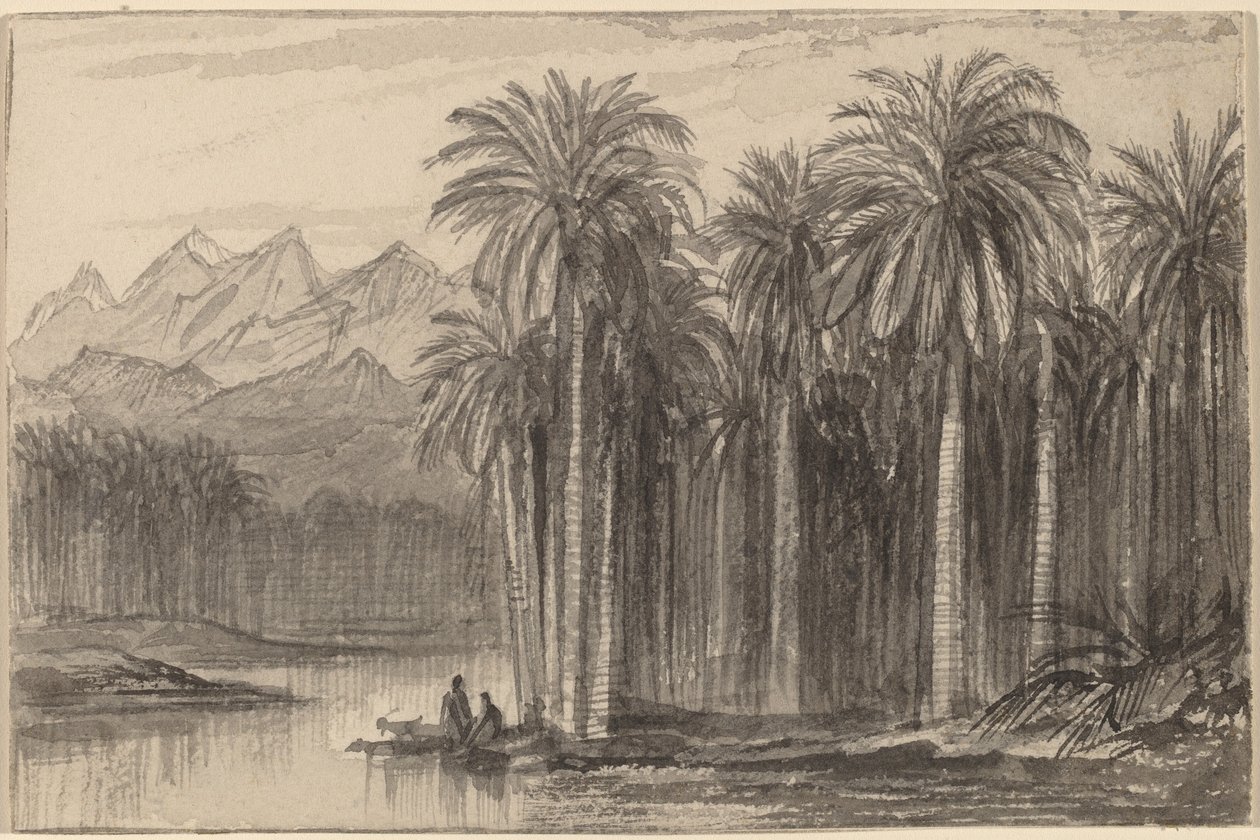 Figuren, die von einem Palmengarten (Wady Feiran) in Kanus aufbrechen von Edward Lear