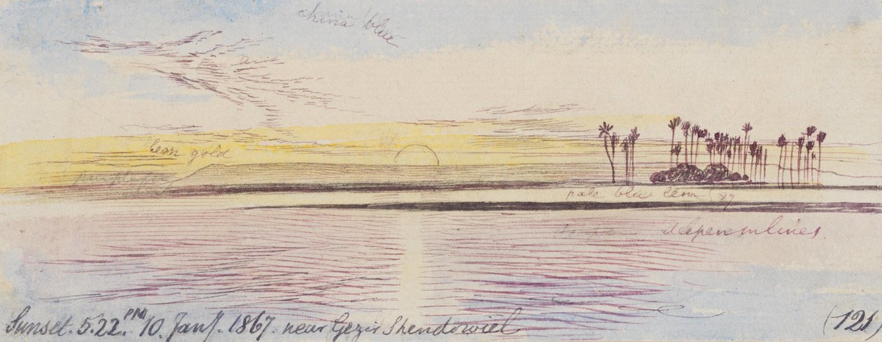 Nahe Gezir Shendowiel; Sonnenuntergang, 17:22 Uhr, 10. Jan. 1867 von Edward Lear