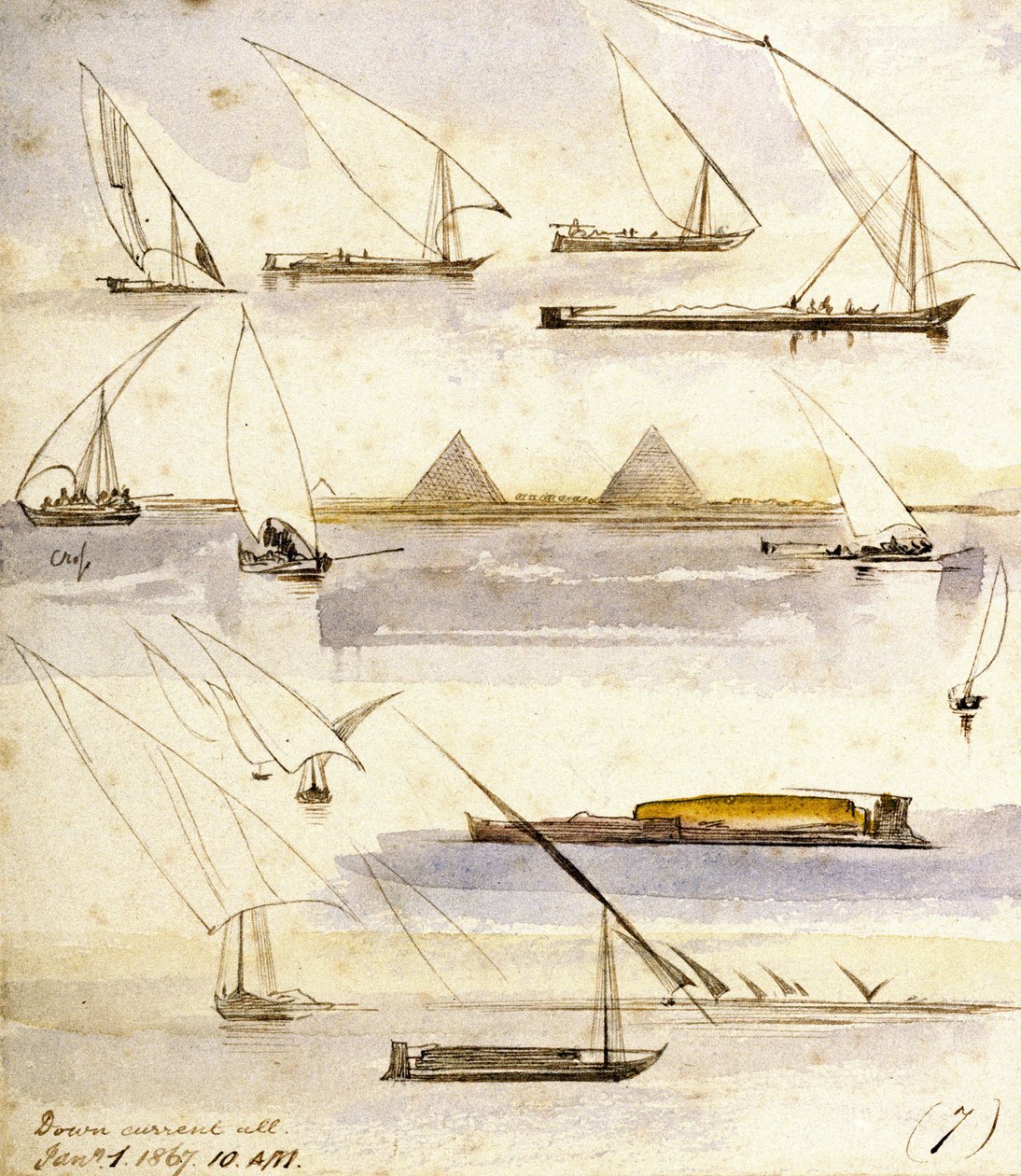 Studie verschiedener ägyptischer Boote (Dahabeeyahs und Gyassis), mit einer Szene vor den Pyramiden von Gizeh (Kairo) in der Mitte der Seite von Edward Lear