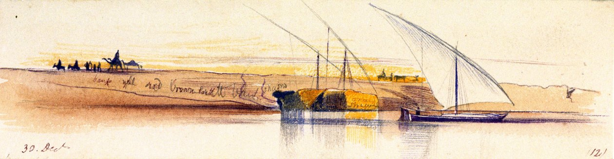Die Ufer des Nils (Ägypten), mit drei Gyassis, zwei davon schwer beladen mit Stroh, im Hintergrund sind Figuren und Tiere im Sonnenuntergang dargestellt von Edward Lear