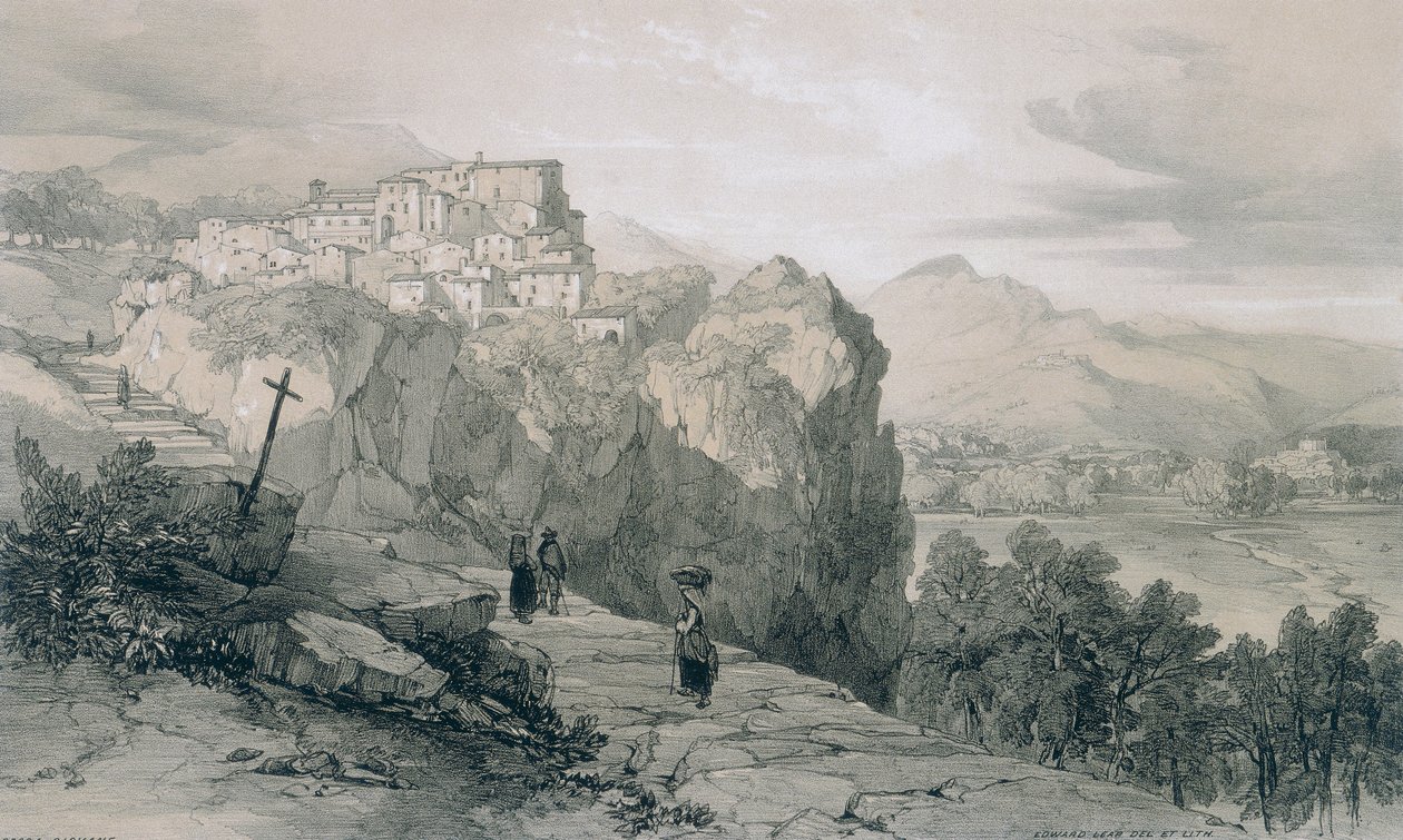 Ansichten von Rom und seiner Umgebung: Rocca Giovane und in der Ferne die Städte Licenza und Civitella di Licenza von Edward Lear