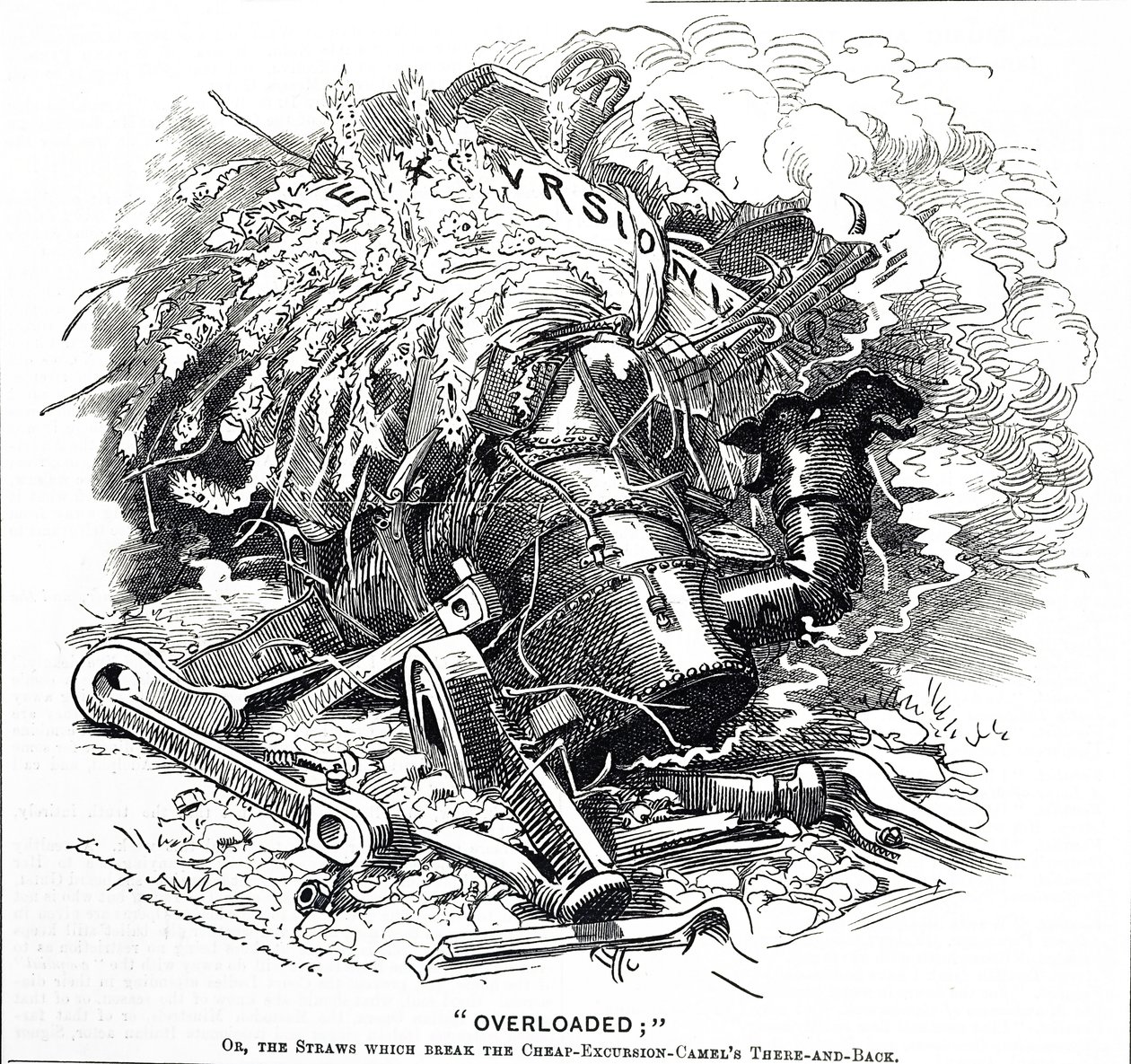 Karikatur mit dem Titel "Überladen"; oder der Strohhalm, der dem Kamel das Genick brach von Edward Linley Sambourne
