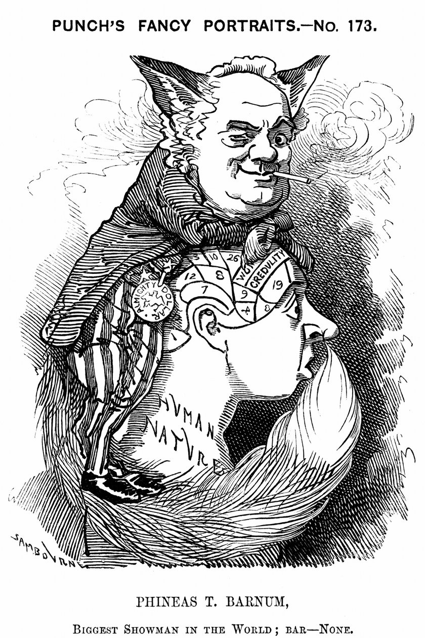 Phineas Taylor Barnum (1810-1891) amerikanischer Schausteller: Mitbegründer des Barnum und Bailey Zirkus. Edward Linley Sambourne Karikatur aus Punch London 1884 in der Fancy Portraits Serie zeigt Barnum als listigen Fuchs, der die phrenologische Beule der von Edward Linley Sambourne