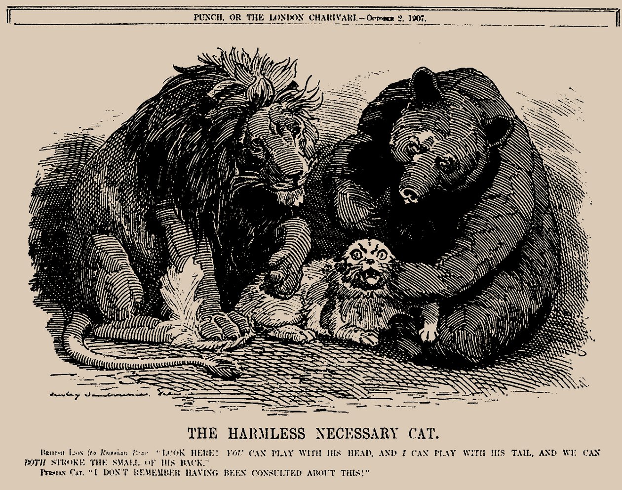 Die harmlose notwendige Katze. Punch, 2. Oktober 1907, 1907 von Edward Linley Sambourne
