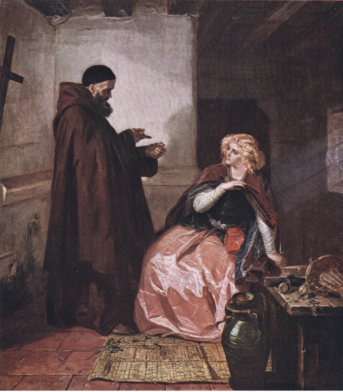 Julia und Pater Lorenzo (Romeo und Julia) Nimm das Fläschchen, wenn du dann im Bett liegst, und trinke diesen destillierten Likör, aus The Complete Works of William Shakespeare, veröffentlicht von J Coker & Co Ltd von Edward Matthew Ward