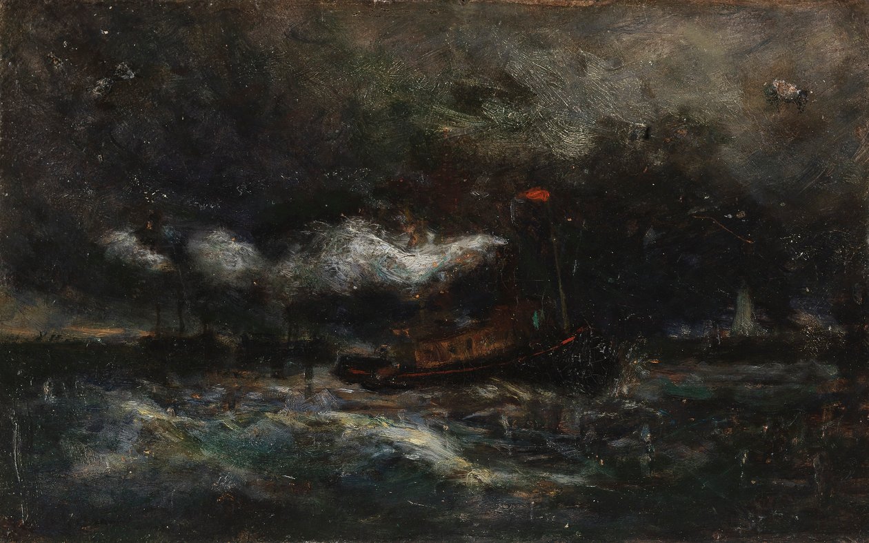 Sturm, Brenton Light (Boot im Sturm, Leuchtturm im Hintergrund) von Edward Mitchell Bannister