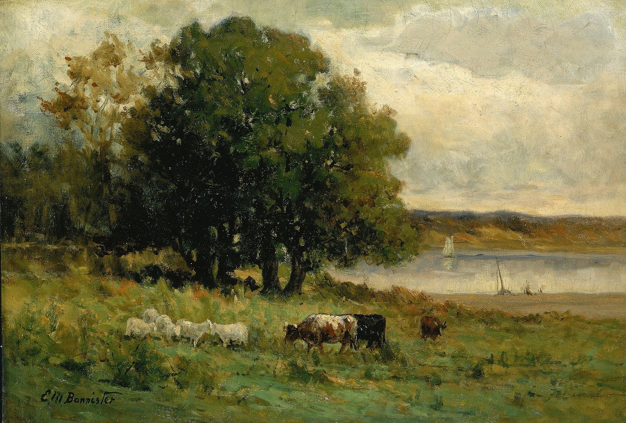 Ohne Titel (Rinder am Fluss mit Segelboot in der Ferne) von Edward Mitchell Bannister