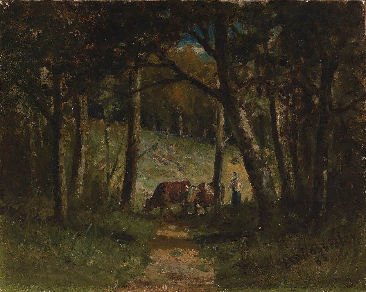 Ohne Titel (Kühe auf einem Pfad im Wald) von Edward Mitchell Bannister