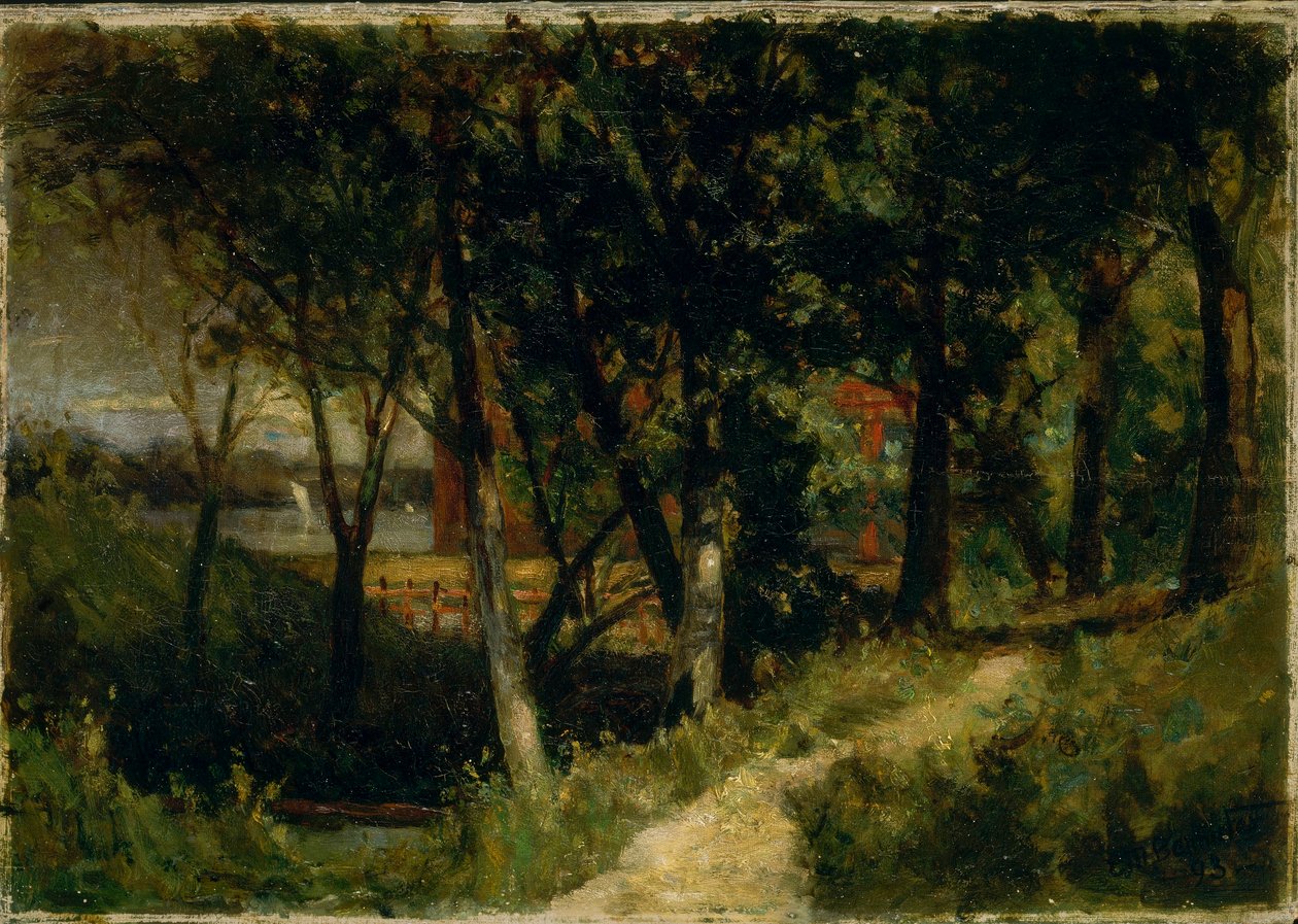 Ohne Titel (Landschaft, Waldszene mit rotem Zaun und Gebäude) von Edward Mitchell Bannister
