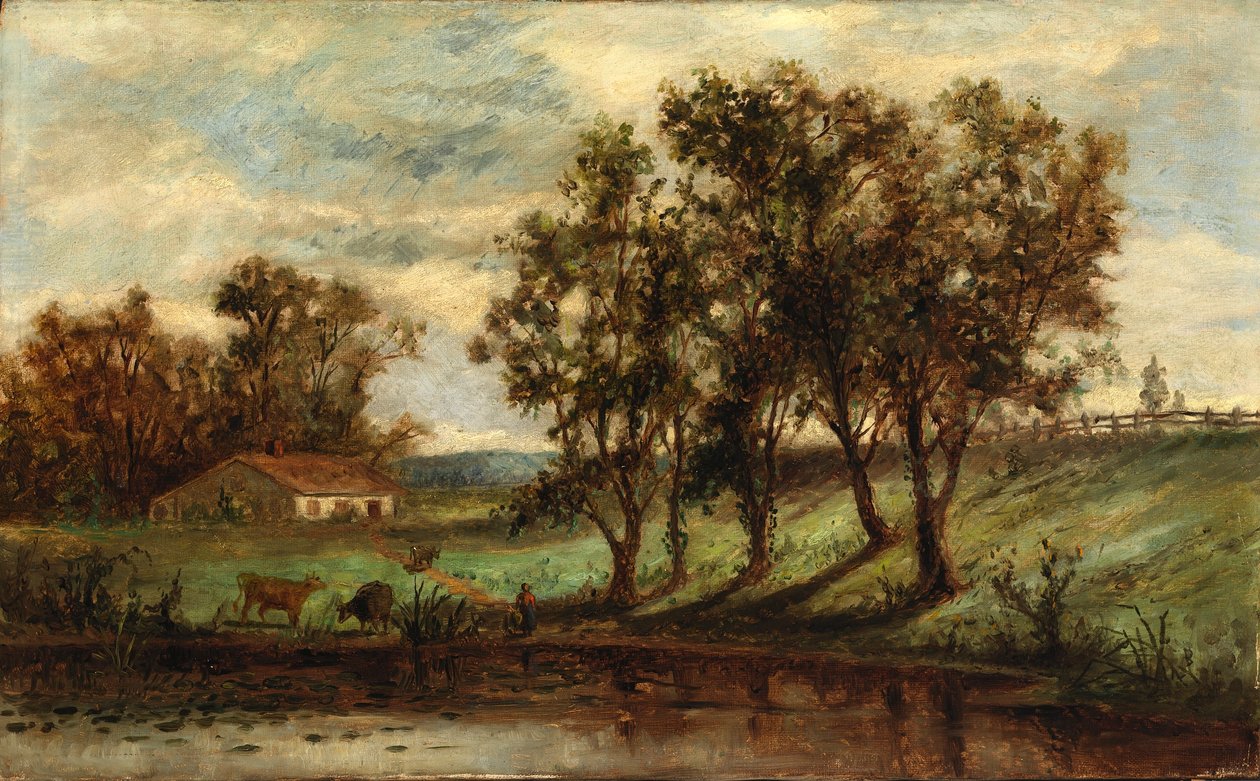 Ohne Titel (Mann mit Kühen, die in der Nähe eines Teichs mit Haus und Bäumen im Hintergrund grasen) von Edward Mitchell Bannister