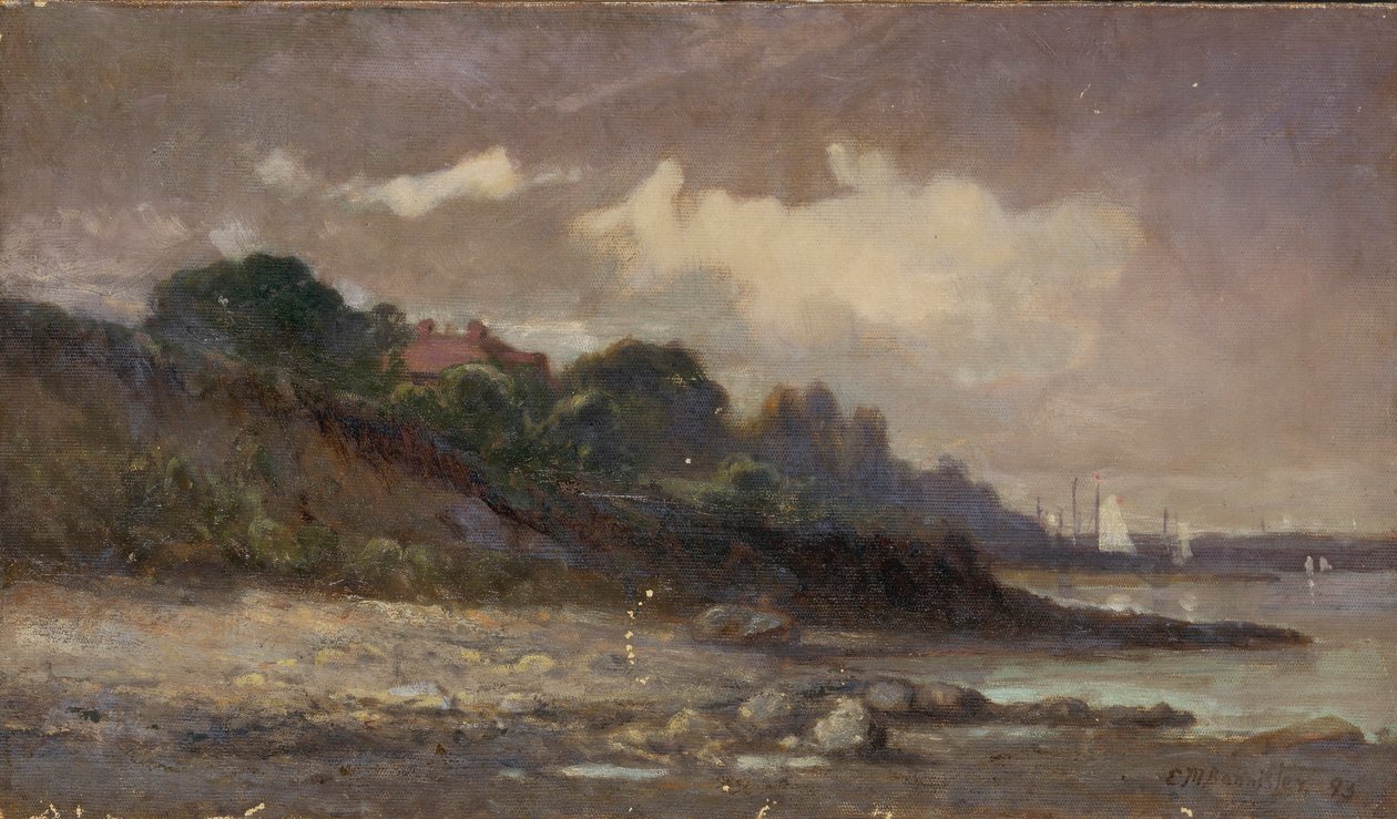Ohne Titel (Küstenlinie mit Segelbooten und Dach) von Edward Mitchell Bannister