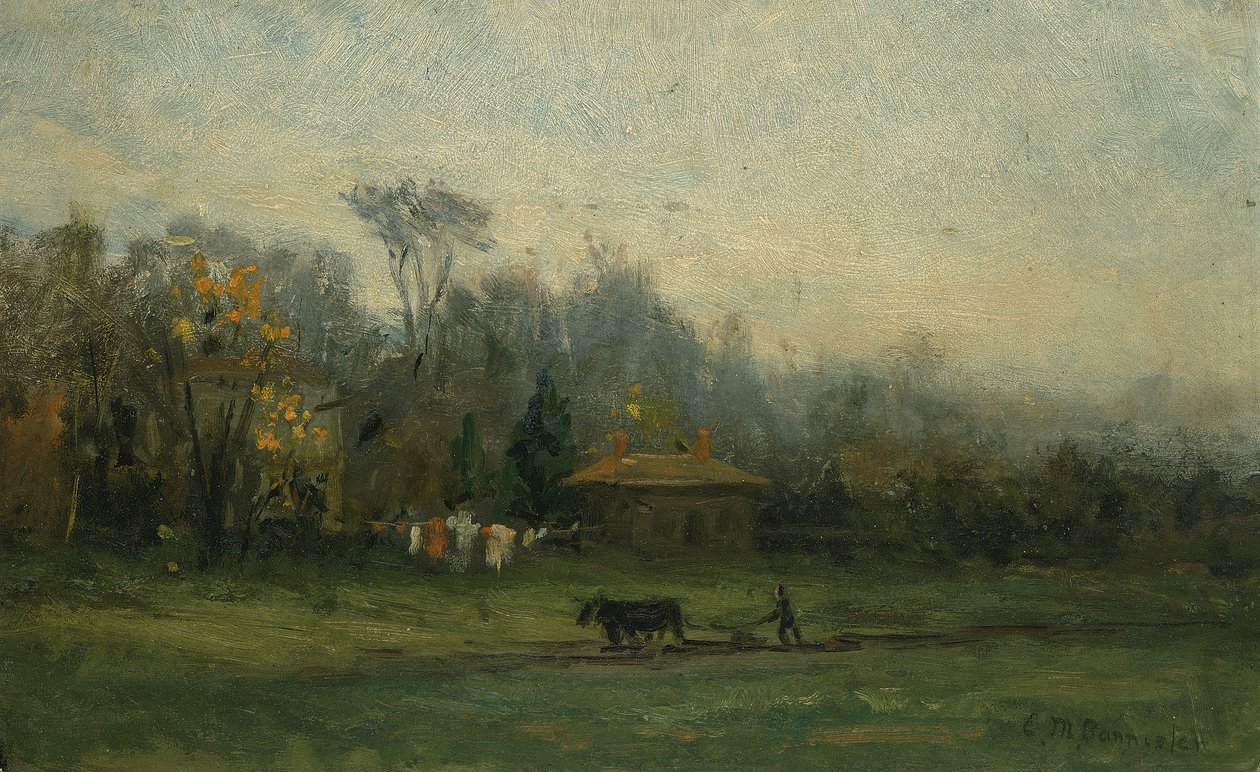 Unbetitelte Landschaft mit Mann, der Felder pflügt, n.d. von Edward Mitchell Bannister