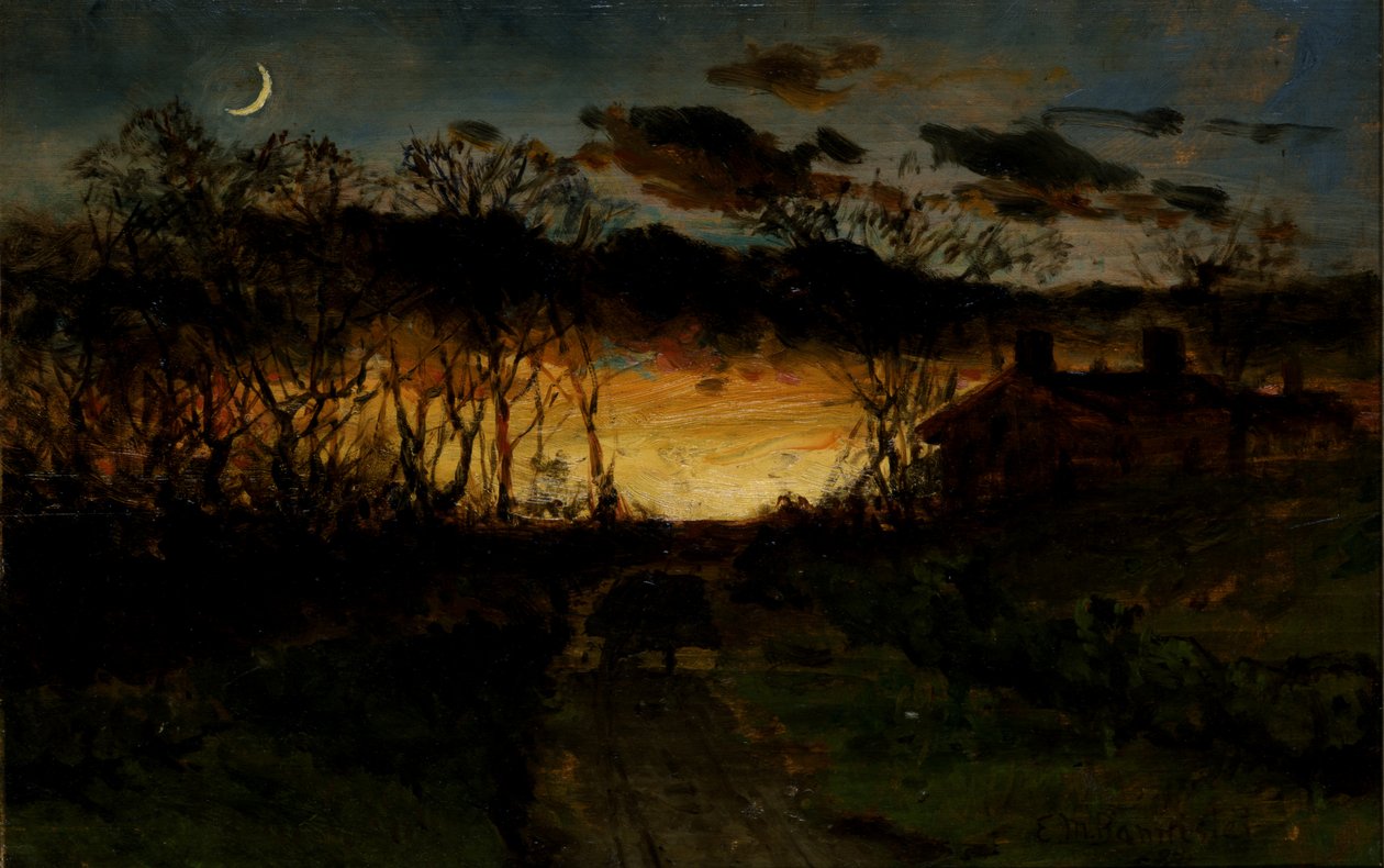 Unbetitelter Sonnenuntergang mit Viertelmond und Bauernhaus von Edward Mitchell Bannister