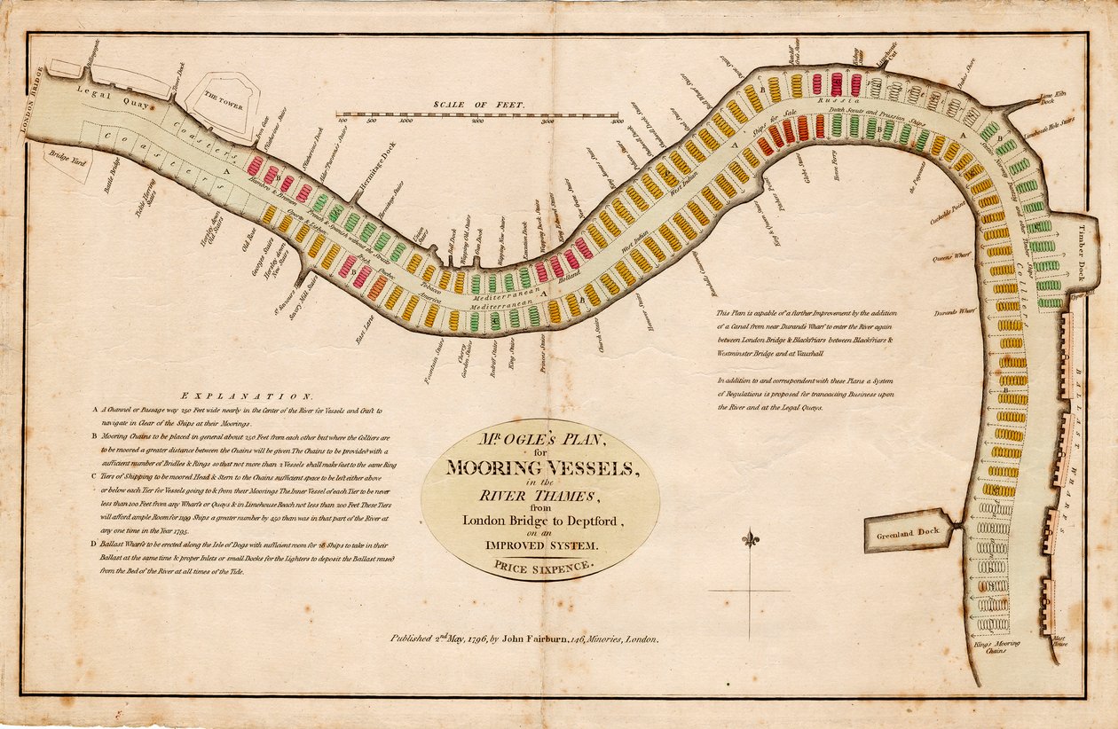 Mr. Ogles Plan zur Verankerung von Schiffen im Fluss Thames, von der London Bridge bis Deptford, nach einem verbesserten System von Edward Ogle