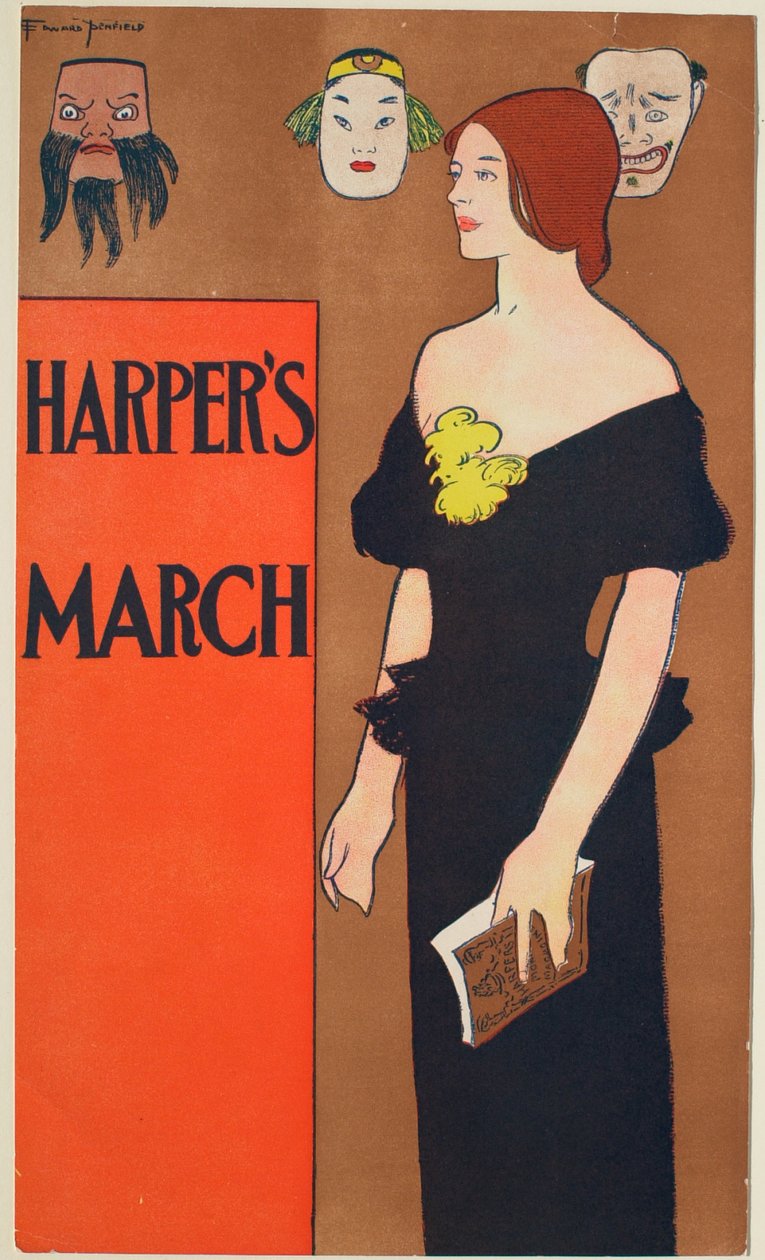 Stehendes Mädchen mit Buch, 3 Masken an der Wand, März Harper