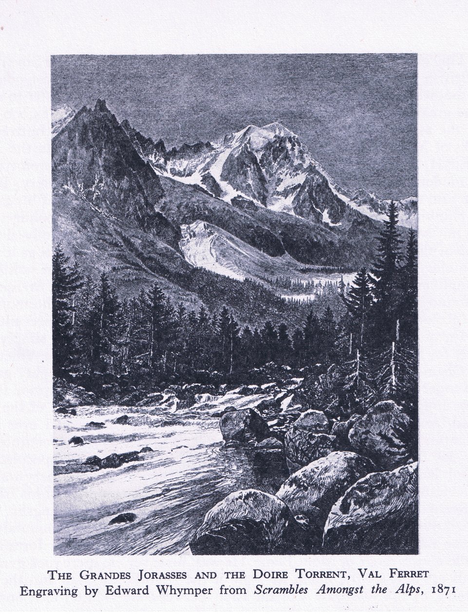 Die Grand Jorasses und der Doire Torrent, Val Ferrett, aus British Adventure, veröffentlicht von Collins, 1947 von Edward Whymper