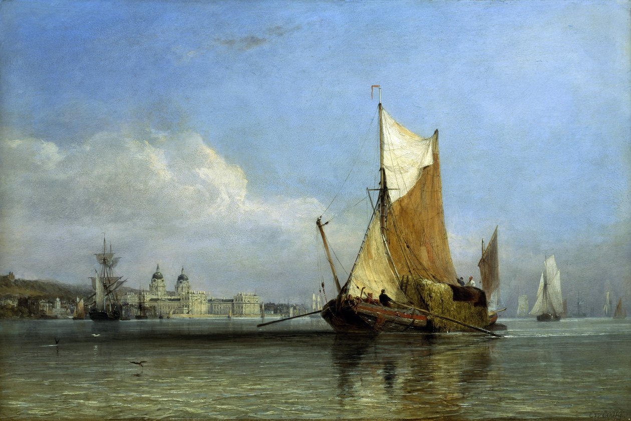 Ein Heuboot vor Greenwich, auf der Themse (England), ein Typ von flachem Bodenboot, praktisch für das Einfahren in die Bäche der Suffolk- und Margate-Farmen, fuhr hin und her ins Herz von London, um Heu für Hunderte von Pferden in der Hauptstadt zu liefern von Edward William Cooke