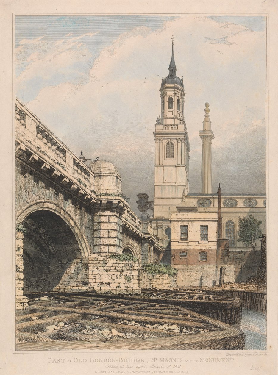 Teil der Alten Londoner Brücke, St. Magnus und das Monument von Edward William Cooke