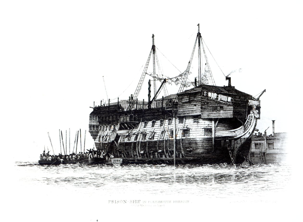 Gefängnisschiff im Hafen von Portsmouth: Sträflinge gehen an Bord, 1828 von Edward William Cooke