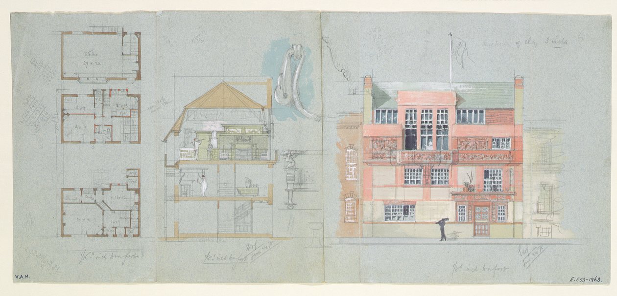 Vorderansicht und Schnitt für Haus und Studio für Frank Miles, Tite Street, Chelsea, 1878-79 von Edward William Godwin