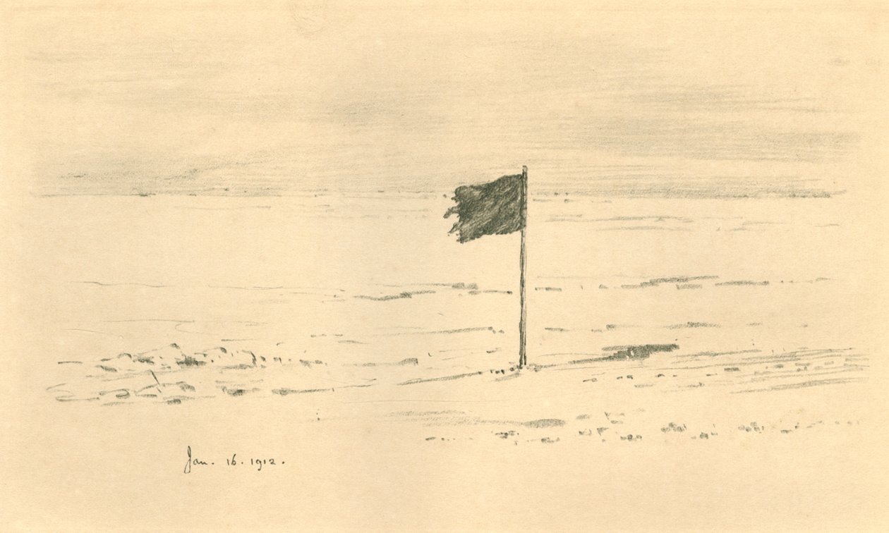 Schwarzes Flaggenlager - Amundsens schwarze Flagge wenige Meilen vom Südpol entfernt, 1912, 1913 von Charles Edward Wilson
